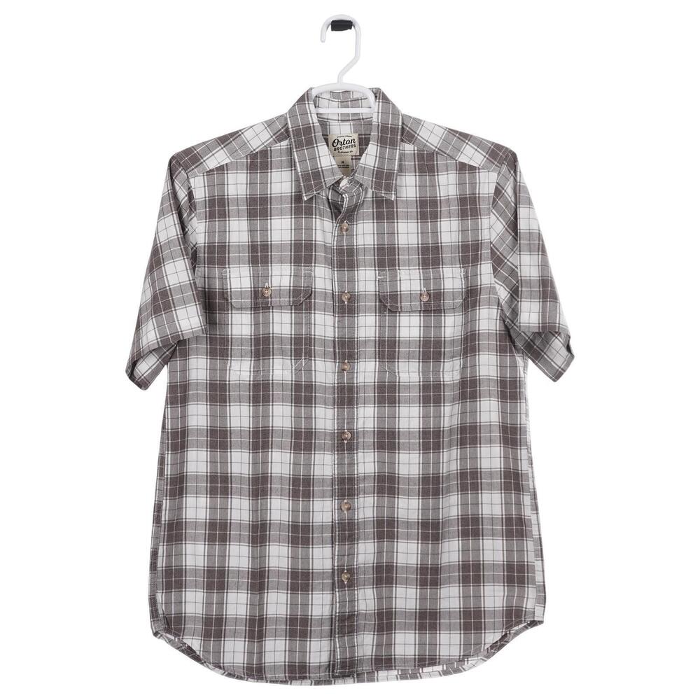 Orton Brothers Shirt Men M Taupe Brown Plaid Cotton Short Sleeve Casual